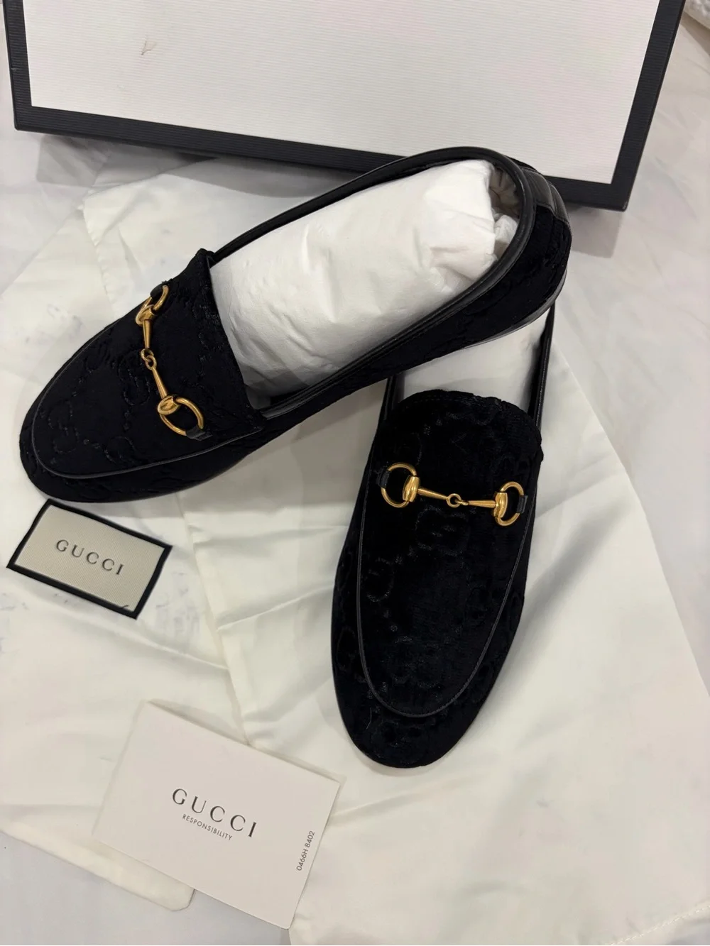 Gucci Black Velvet Horsebit Slip-On Loafers
